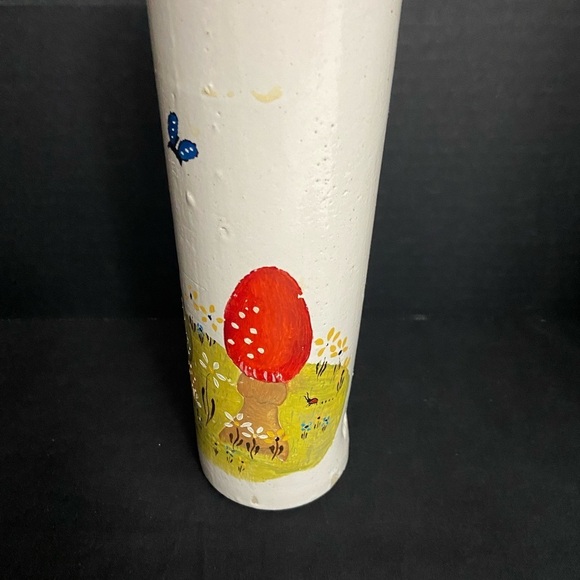 Vtg Stoneware Pottery Bottle Hand Painted Mushrooms Flowers Butterfly Snail - Picture 5 of 7